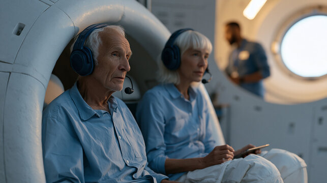 Space tourism capsule interior mockup with two passengers in their fifties practicing communication headset procedures during simulation training, instructor visible through