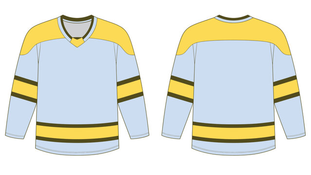 Vector mockup template of a light blue long-sleeve hockey jersey with yellow shoulders and dark striped details, front and back view.