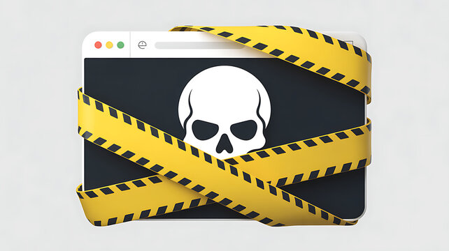 Image of a website tile secured with caution tape. The tile features a skull. 