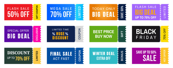 Fototapeta premium Set of colorful sale coupons and discount tickets for shopping events with text labels and promotional offer percentages