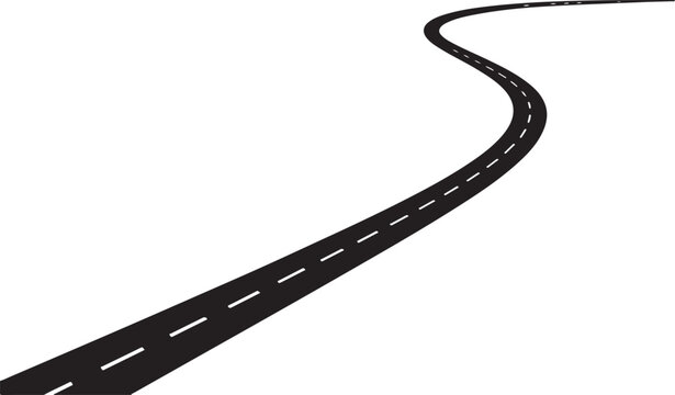 Winding Road to the Horizon: A perspective view of a black asphalt road with dashed white lines, curving into the distance, symbolizing journey, progress, and the unknown path ahead.