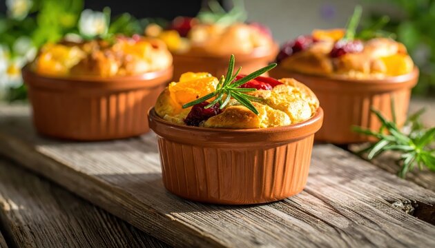 Individual Miniature Fruitcakes in Terracotta Pots Garnished with Rosemary Sprigs and Berries
