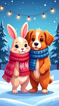 A cute cartoon rabbit and dog wearing scarves standing in the snow