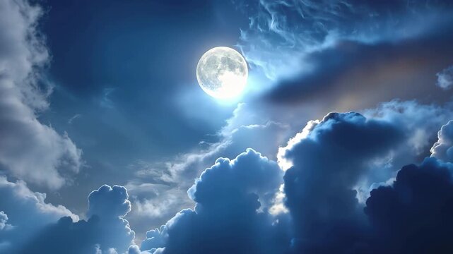Full moon shining brightly in a dark blue night sky with fluffy clouds