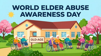 Fototapeta premium Elderly people awareness illustration in flat design with pink and blue colors for World Elder Abuse Awareness Day in informative flat style