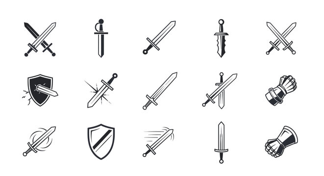 Collection of medieval weaponry icons including swords shields and helmets in monochrome line art