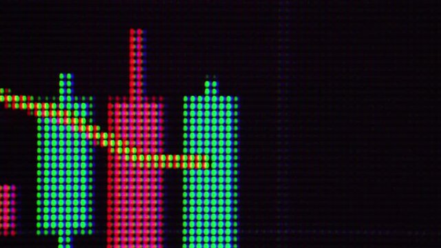 Extreme macro view of a digital candlestick chart displayed on an LCD monitor with visible RGB pixels. Financial markets, stock trading, investment analysis, and market volatility concept.