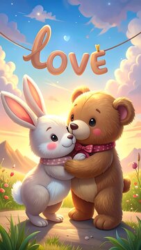 A cute cartoon rabbit and teddy bear embracing in a field