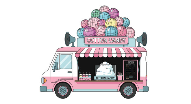 Charming pastel pink and blue cotton candy food truck with a large stack of colorful treats on top and speakers for catching attention.