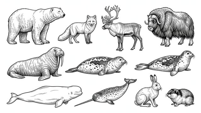 Polar Wildlife Collection Hand Drawn Vector Illustration Set Isolated on White Background