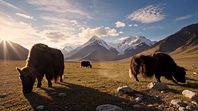 Yaks grazing in a mountain valley at sunset