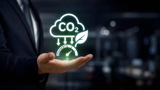 Businessman holding a glowing co2 emission reduction icon with a leaf symbol, representing carbon neutrality, sustainability, and environmental protection in a corporate office setting