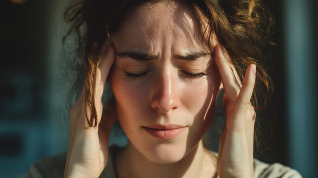 Woman feeling intense pain, rubbing temples relieving headache or migraine