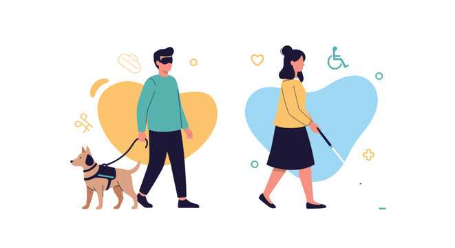 Diverse people with visual impairments walking with a guide dog and a white cane in a modern flat illustration style.