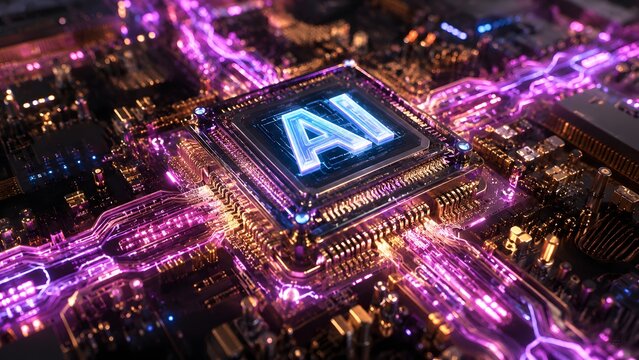 A powerful computer processor with AI text and purple electric energy glowing around it. Ideal for artificial intelligence chips, computer hardware, and cyber security ads.
