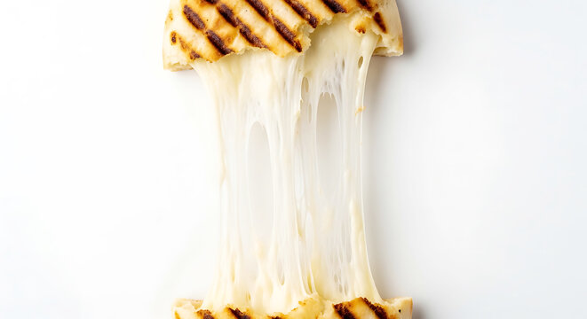 Grilled cheese sandwich with melted cheese dripping on white background