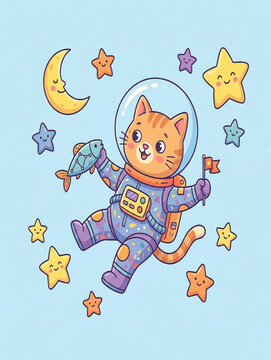 Cartoon cat astronaut floating in space