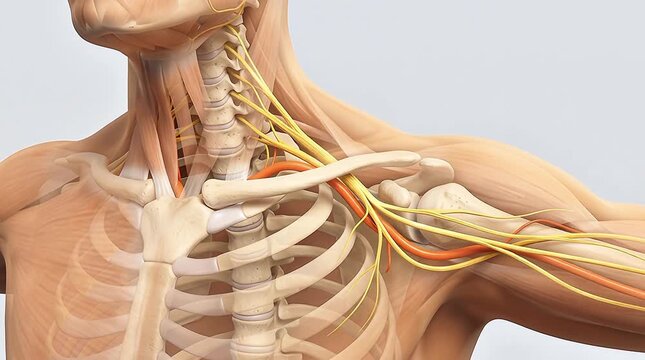 3D Medical Illustration of Brachial Plexus Nerve Network in Human Neck and Shoulder Anatomy Showing Cervical Spine Muscle and Skeletal Structure