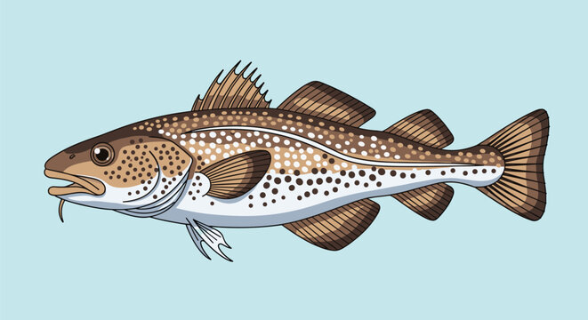 Detailed scientific illustration of a cod fish showing its fins scales and distinctive spots on a blue background.
