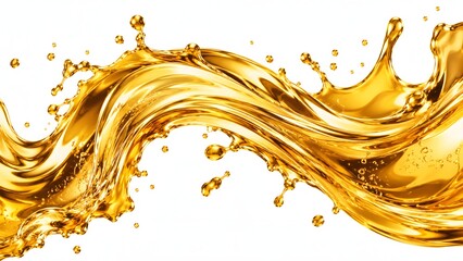 Fototapeta premium Dynamic splash of golden liquid or oil isolated on a clean white background. This high detail illustration is perfect for cooking oil marketing, fuel industry, and luxury skin care ads.