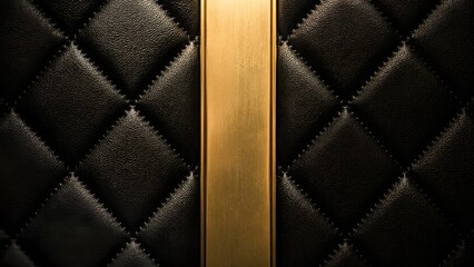 Naklejka premium Luxury black quilted leather texture featuring a vertical polished gold metallic bar. Perfect for high end fashion branding, premium automotive upholstery, and luxury product packaging.