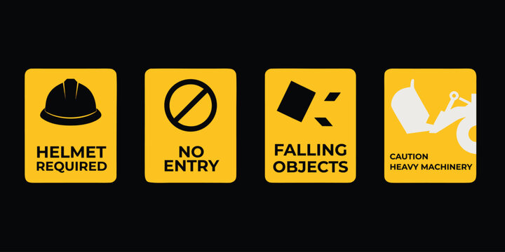 Construction safety signs including helmet required and no entry