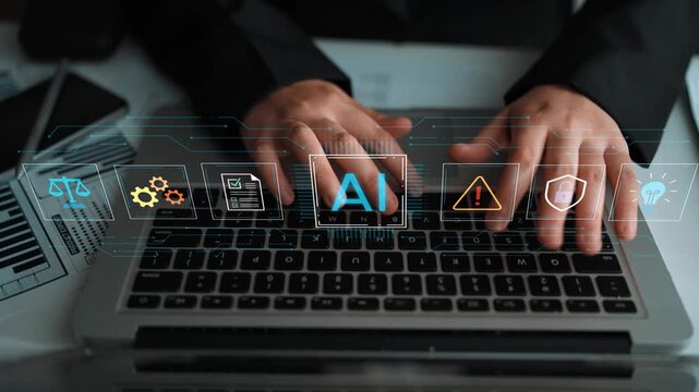 Hands typing on a laptop with digital icons representing artificial intelligence, technology, data processing, and cybersecurity in a modern office setting. Entropy.