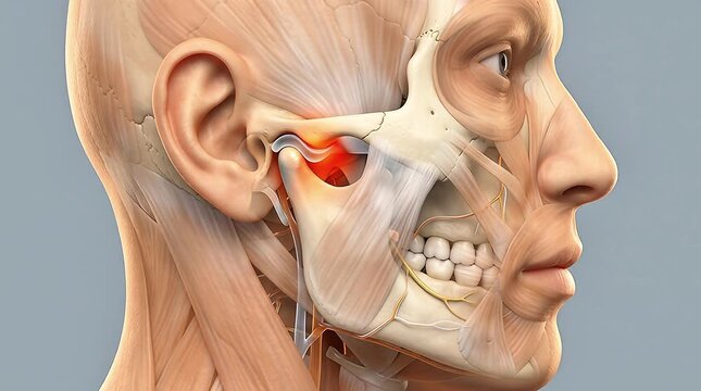 3D Medical Illustration of TMJ Temporomandibular Joint Disorder Showing Inflamed Jaw Disc with Facial Muscle Skull Teeth and Nerve Anatomy from Side View