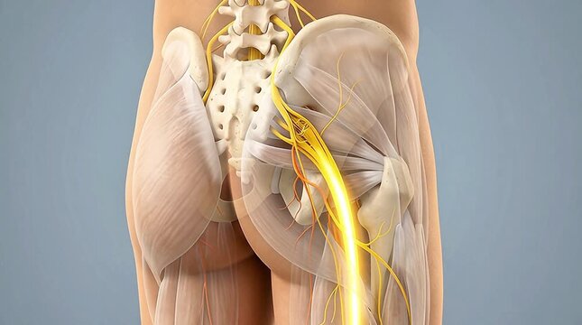 3D Medical Illustration of Sciatic Nerve Anatomy in Human Pelvis Showing Lumbar Spine Sacrum Piriformis Muscle and Glowing Sciatic Nerve from Posterior View