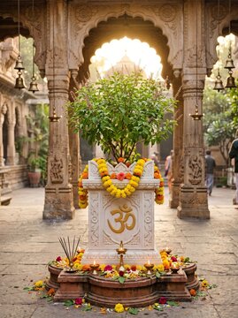 Tulsi plant worship in temple courtyard spiritual setting nature view cultural significance