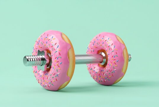 Surreal fitness concept: A metal gym dumbbell with glossy pink frosted donuts instead of weights. Diet fail and junk food temptation metaphor on a pastel mint background