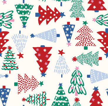 Whimsical Christmas trees in festive patterns during a playful holiday season for festive design