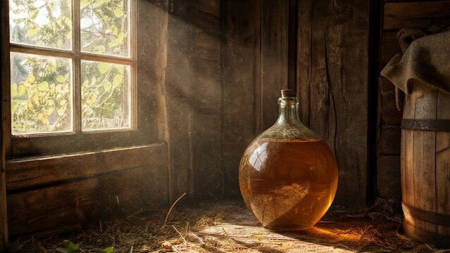 Sunlight through a barn window illuminating a glass demijohn with amber liquid.