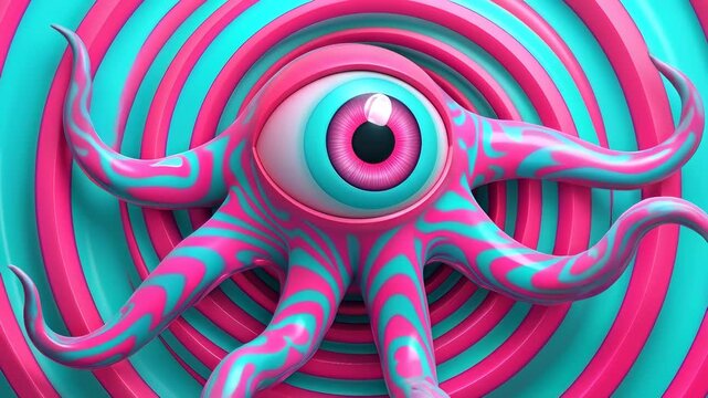 Surreal octopus creature with central eye against hypnotic spiral background. Abstract digital art featuring vibrant pink and cyan patterns. Lockdown shot.