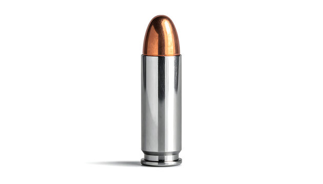 Isolated bullet for firearm, metallic casing and copper projectile, firearm ammunition on a white background