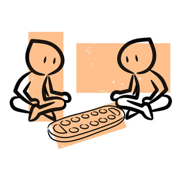 Two people playing traditional East African mancala board game illustration, minimalist character doodle