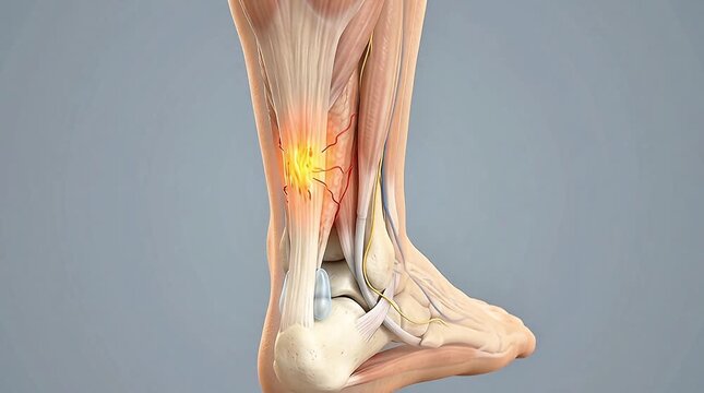3D Medical Illustration of Achilles Tendon Rupture Showing Torn Tendon Fibers with Inflammation Calcaneus Bone Nerve and Blood Vessel Anatomy