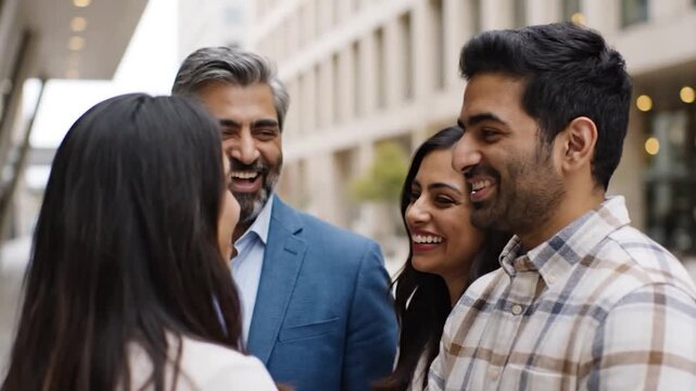 Happy group of diverse South Asian people laughing and talking together in an urban city setting