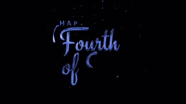 Happy Fourth of July greeting with blue metallic cursive text on black sparkles, ideal for patriotic holiday designs and festive celebrations. transparent alpha channel
