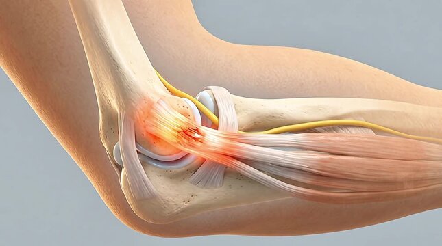 3D Medical Illustration of Tennis Elbow Lateral Epicondylitis Showing Inflamed Tendon Attachment with Elbow Bone Nerve Ligament and Muscle Anatomy