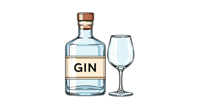 Glass bottle of gin with empty drinking glass on white background for alcohol beverage branding and cocktail menu design.