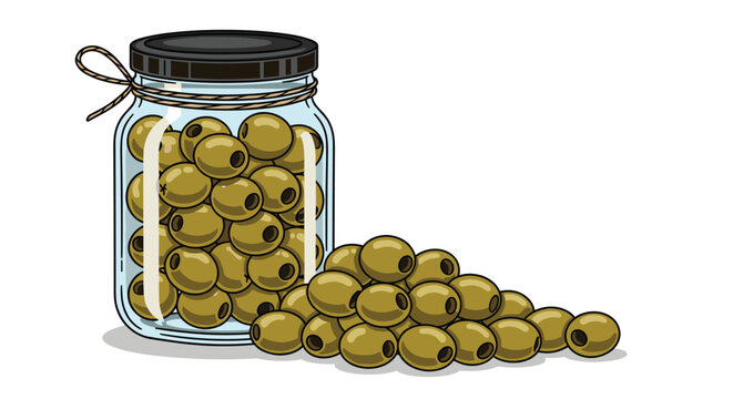 Glass jar filled with green pitted olives and a pile of olives on the side for gourmet food packaging and mediterranean diet themes.