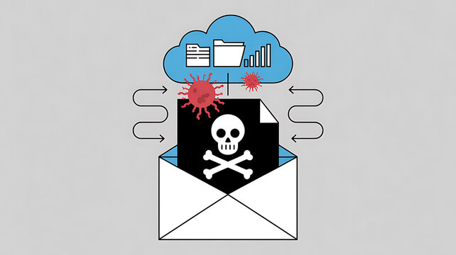 The infected data cloud also infects devices connected to it. Illustration in flat design style. A laptop with a graphic of a cloud with a black skull on its screen. 