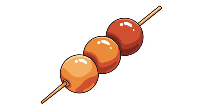 Traditional Japanese dango dessert with three colorful rice flour balls on wooden stick for asian cuisine and street food illustrations.