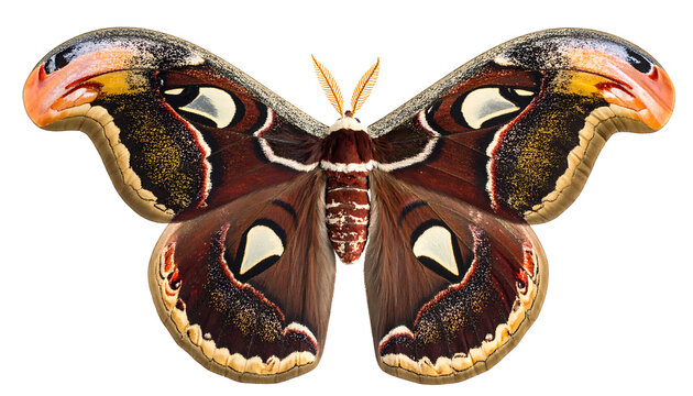 Isolated atlas moth with intricate brown and cream patterned wings spread wide, detailed insect isolated on white
