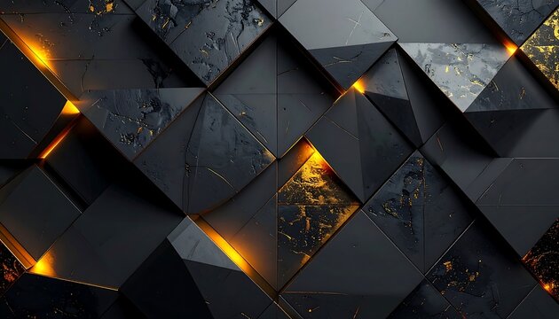 A dark, 3D geometric pattern of black and gray triangles with orange accents