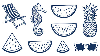 Summer Elements Outline Icons Set Chair Seahorse Watermelon Pineapple Sunglasses Vector Beach Collection © Willaim Nick