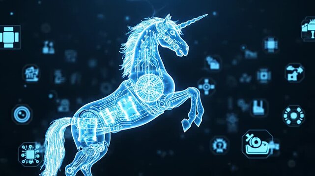 Futuristic digital wireframe unicorn horse with circuit board motifs.