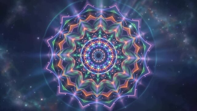 Glowing mandala with pulsating geometric patterns, radiant energetic rays and flowing vibrant colors, spirituality, mindfulness, harmony and inner peace concept, 4K video