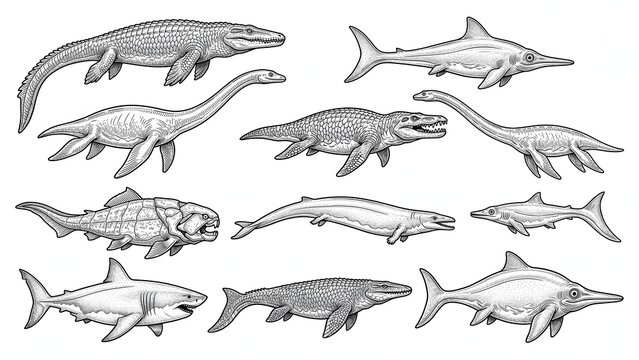 Ancient Sea Monsters and Marine Reptiles Line Art Collection Isolated on White Background